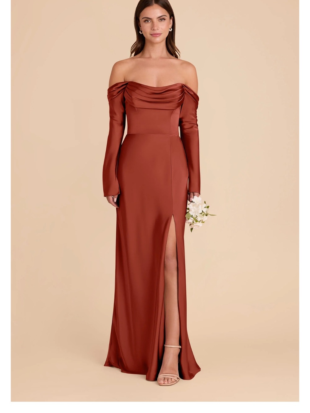 Off-Shoulder Long Sleeve Rust Evening Gown